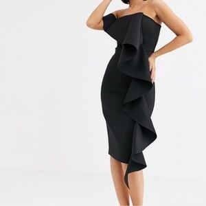 Lavish Alice One Shoulder Black Strapless Scuba Ruffle Dress